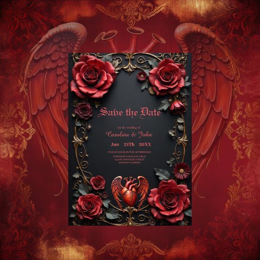 Gotisches Rotes Herz mit Rose - Dunkle Romantik Save The Date