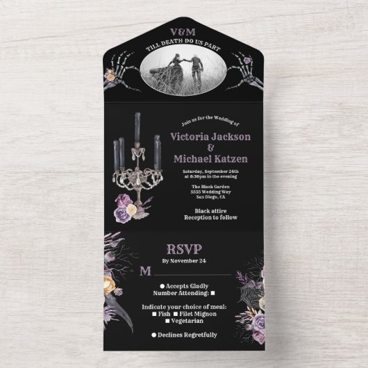 Gotisches Schwarz-Flora-Hochzeitssemble-Foto in ei All In One Einladung (Innen Boden)