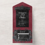 Gotisches Schwarzes Border 2 & Schwarze Rose Wein  All In One Einladung<br><div class="desc">ERHÄLTLICH MIT ODER OHNE QR CODE ODER MIT ODER OHNE AUSWAHL DES ABENDS. Mit unserer Vintag gotischen Hochzeitseinladung bringen Sie Ihre Gäste in eine Welt der dunklen, bezaubernden Eleganz. Der tiefgründige Weinhintergrund im alten Bordeaux-Stil Set die Bühne für einen auffallenden Kontrast, da fett weißer Text aus den komplizierten, schwarzen Textfeldern...</div>