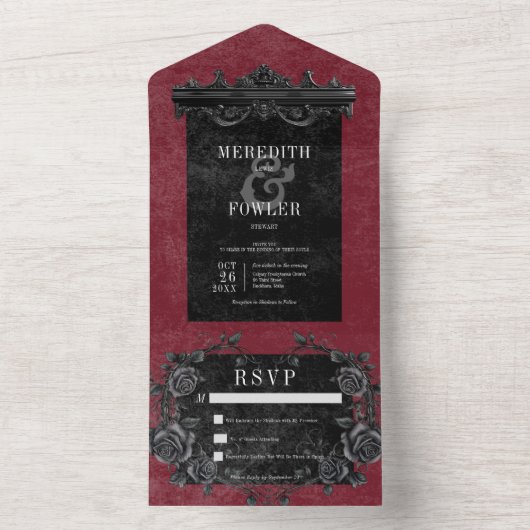 Gotisches Schwarzes Border 4 & Schwarze Rose Wein All In One Einladung (Innen Boden)