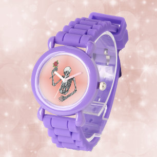 Gotisches Skelett einzelne rote Rose Armbanduhr