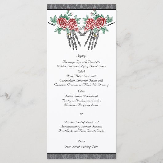 Gotisches Skelettmenü für Hochzeiten und Rose Menükarte (Vorderseite)