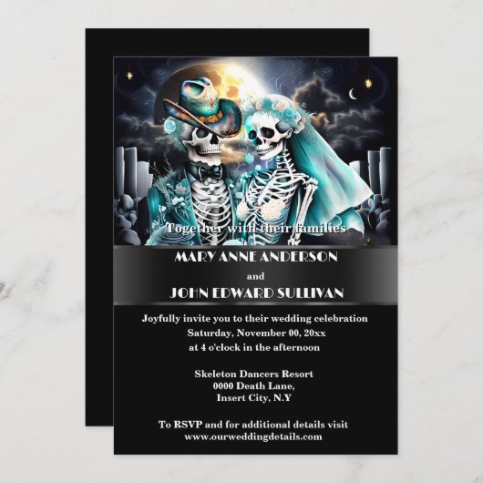 Gotisches Skelettpaar zwischen Hochzeit und Wester Einladung (Vorne/Hinten)