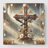 gotisches Verziertes Kreuz Quadratische Wanduhr (Vorderseite)