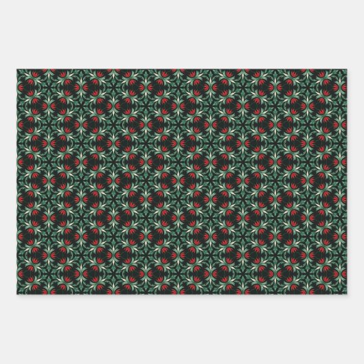 Gotisches Weihnachtsmuster mit Rot & Grün-Blüte Geschenkpapier Set (Vorderseite 3)