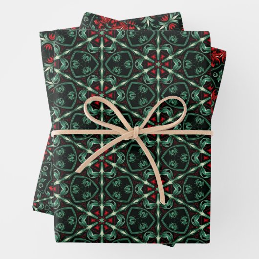 Gotisches Weihnachtsmuster mit Rot & Grün-Blüte Geschenkpapier Set (Beispiel)