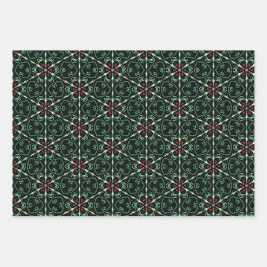 Gotisches Weihnachtsmuster mit Rot & Grün-Blüte Geschenkpapier Set (Vorderseite)