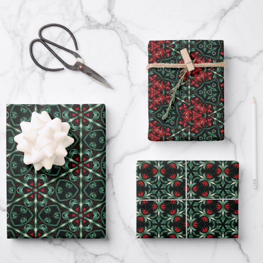 Gotisches Weihnachtsmuster mit Rot & Grün-Blüte Geschenkpapier Set (Vorderseite)