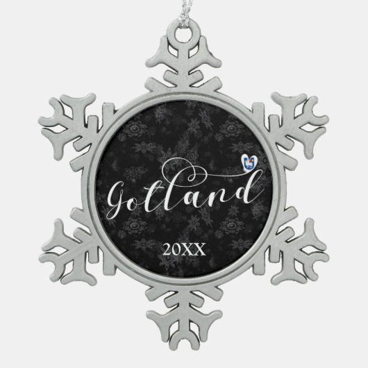 Gotland Flag Heftskriptdesign, Schweden Schneeflocken Zinn-Ornament (Vorderseite)