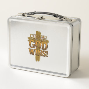Gott gewinnt christliches Vintage-Kreuz-Typografie Metall Brotdose