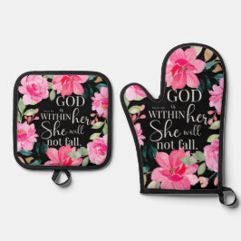 Gott ist in ihr - Psalm 46:5 Rosa Bläserin Ofenhandschuh & Topflappen-Set