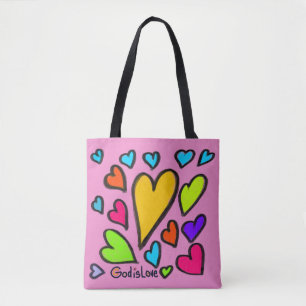 Gott ist Liebe mit rosa Herzen Tasche