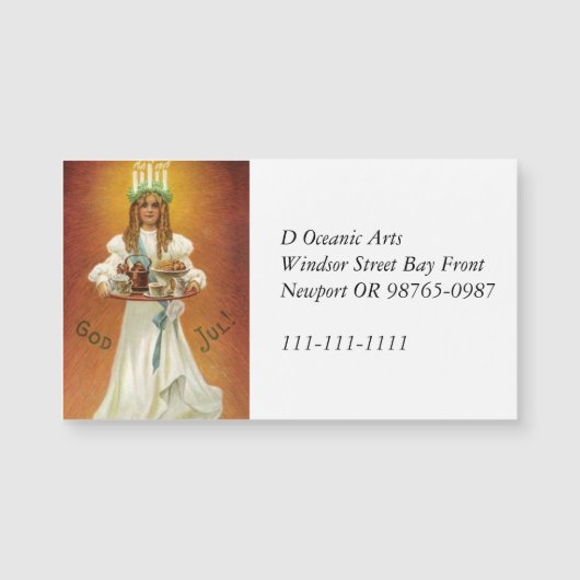 Gott Jul! Lucia mit Leckereien Magnetkarte (Vorderseite)