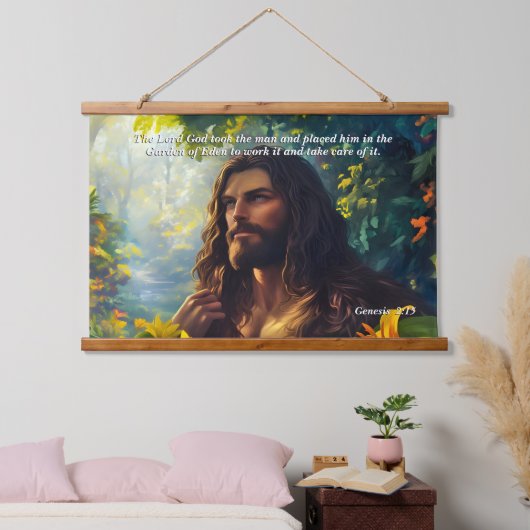 Gott platzierte den Menschen in den Garten, Gott & Wandteppich Mit Holzrahmen (Schlafzimmer)