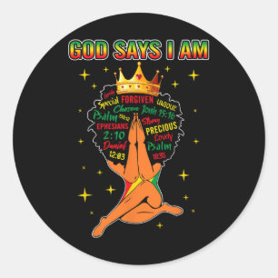 Gott sagt, ich bin Christlich Black Queen Afro Wom Runder Aufkleber