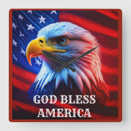 Gott segle Amerika US Flag Bald Eagle Quadratische Wanduhr