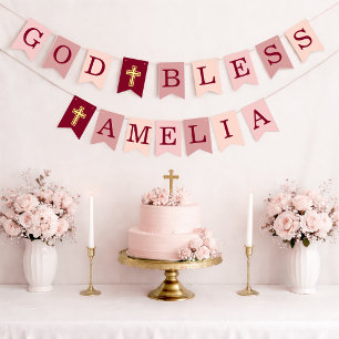 Gott segne 6 Briefe Girl Pink Taufbestätigung Wimpelkette