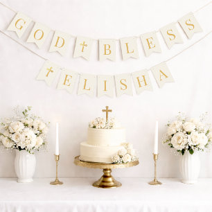 Gott segne 6 Buchstaben Elfenbein & Gold Taufe Kom Wimpelkette