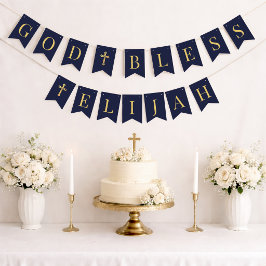 Gott segne 6 Buchstaben Navy & Gold Taufe Kommunio Wimpelkette