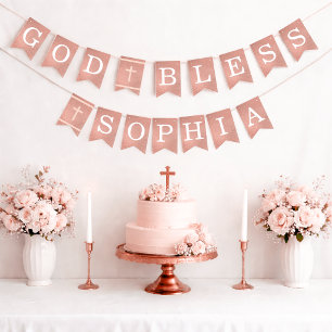 Gott segne 6 Buchstaben Roségold Taufe Kommunion Wimpelkette