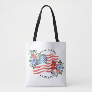 Gott segne Amerika Aquarell-Flagge/Blumen/Vögel II Tasche