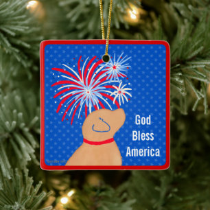 Gott segne Amerika Gelber Hund Feuerwerk Ornament