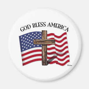 GOTT SEGNE AMERIKA mit robustem Kreuz & US-Flagge Magnet