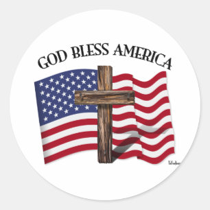 GOTT SEGNE AMERIKA mit robustem Kreuz & US-Flagge Runder Aufkleber