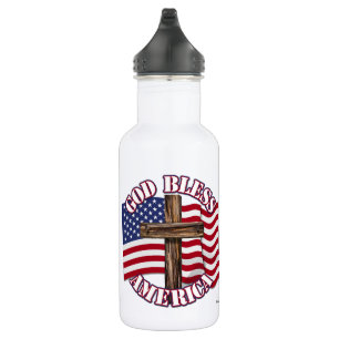 Gott segne Amerika mit USA-Flagge & Kreuz Edelstahlflasche