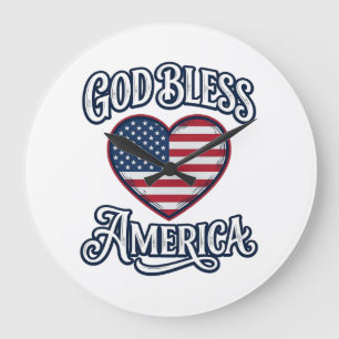 Gott segne Amerika Patriotisches Herz-Shirt-Design Große Wanduhr