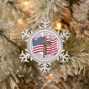 Gott segne Amerika und Kreuz mit USA-Flagge 50 Ste Schneeflocken Zinn-Ornament