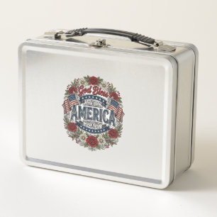Gott segne Amerika Vintage Patriotisch Floral Metall Brotdose