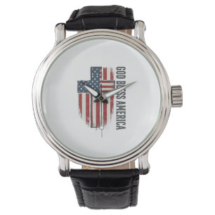 Gott segne Amerika Vintage patriotisches Kreuz Des Armbanduhr