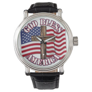 Gott segne Amerikaner mit USA Flag & Cross Armbanduhr