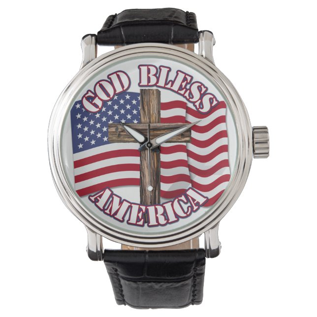 Gott segne Amerikaner mit USA Flag & Cross Armbanduhr (Vorderseite)