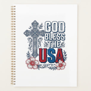 Gott segne die USA Vintage-Kreuz patriotisches Hem Planer