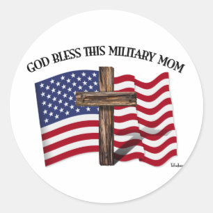 GOTT SEGNE DIESE MILITÄRMUTTER raues Kreuz & US-Fl Runder Aufkleber