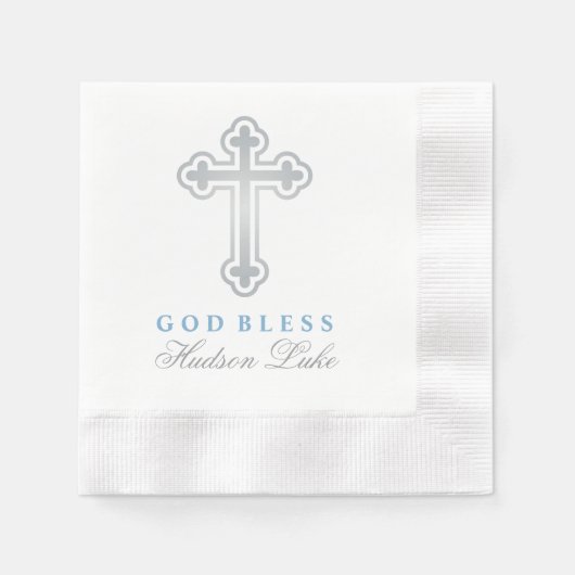 Gott segne Elegant Silver Cross Taufe Boy Blue Serviette (Vorderseite)