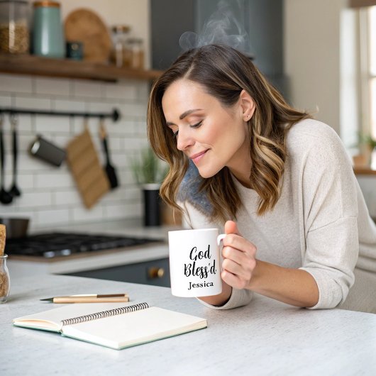 Gott segne inspirierende Phrase Weiße Typografie Kaffeetasse