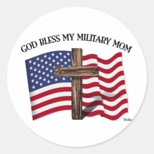 GOTT SEGNE MEINE MILITÄRMUTTER raues Kreuz & US-Fl Runder Aufkleber