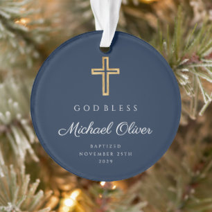 Gott segne Navy Blue religiöse Jungen-Taufe Foto Ornament