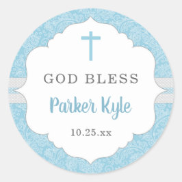Gott segne Taufe Gunst | Blauer Damastenjunge Runder Aufkleber