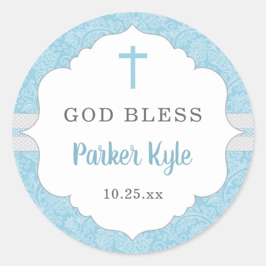 Gott segne Taufe Gunst | Blauer Damastenjunge Runder Aufkleber (Vorderseite)