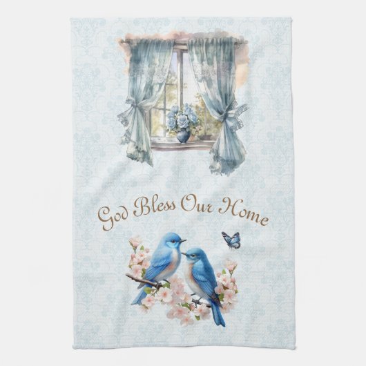 Gott segne unsere Zuhause Bluebird Floral Damask Geschirrtuch (Vertikal)