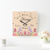 Gott segne unsere Zuhause Floral Wildblumen Beige Quadratische Wanduhr (Zuhause)