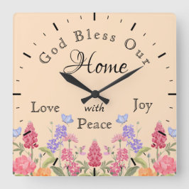 Gott segne unsere Zuhause Floral Wildblumen Beige Quadratische Wanduhr