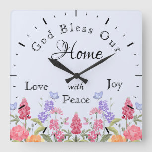 Gott segne unsere Zuhause Floral Wildblumen blau Quadratische Wanduhr
