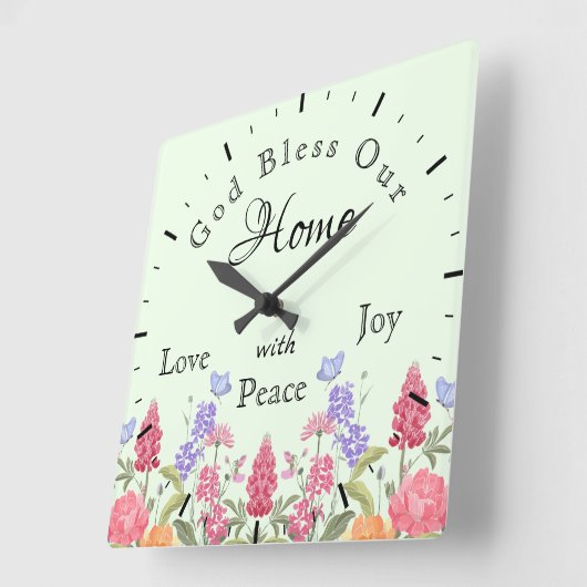 Gott segne unsere Zuhause-Wildblumen grün Quadratische Wanduhr (Winkel)