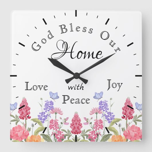 Gott segne unsere Zuhause-Wildblumen Quadratische Wanduhr (Vorderseite)