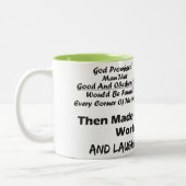 "Gott viel versprechender Mann-" lustige Tasse (Links)